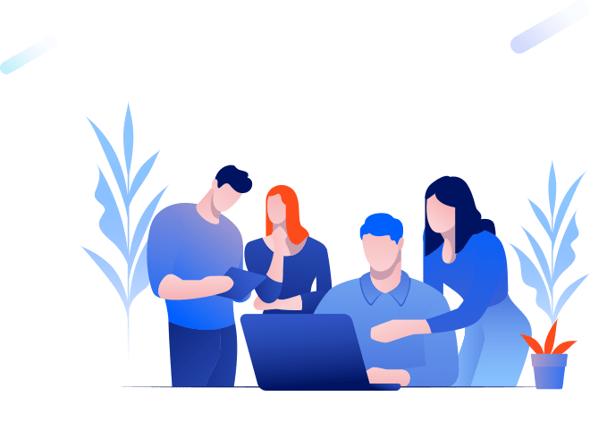 Equipo de personas animadas trabajando sobre una computadora y una tablet con plantas al rededor.