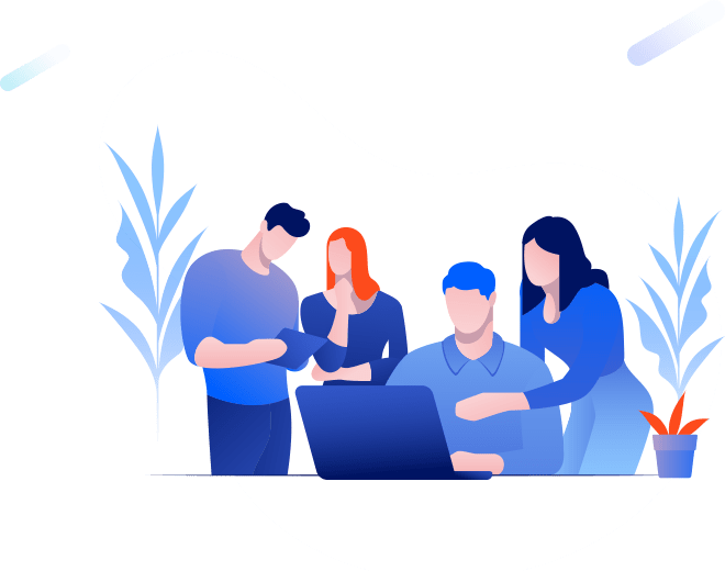 Equipo de personas animadas trabajando sobre una computadora y una tablet con plantas al rededor.