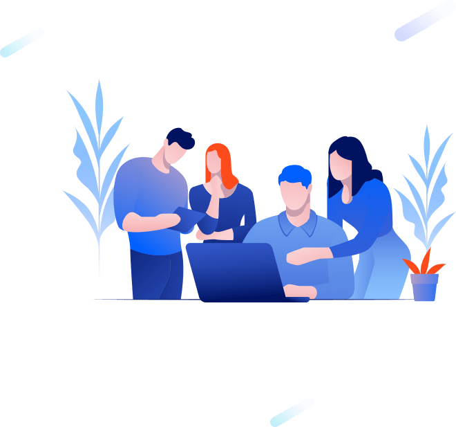 Equipo de personas animadas trabajando sobre una computadora y una tablet con plantas al rededor.